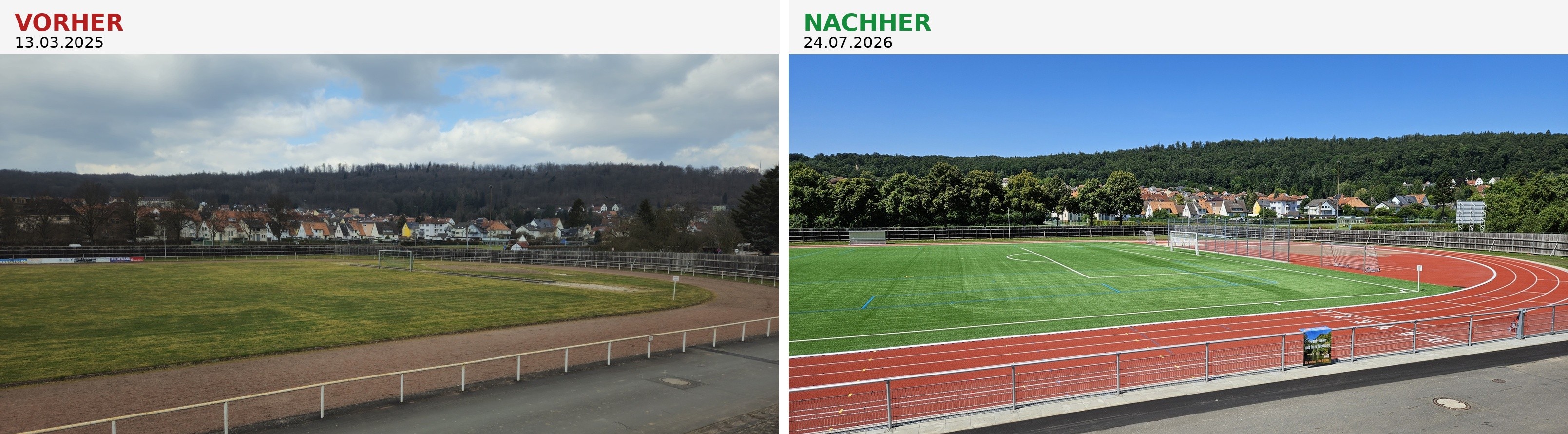 Zwei Fotos zeigen eine Sportanlage vor und nach der Sanierung